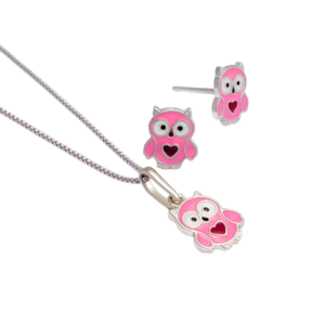 Conjunto Prata Infantil Coruja Rosa Coração