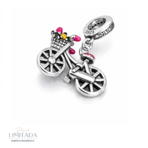 Berloque Prata Bike Colorida Cesta Flores