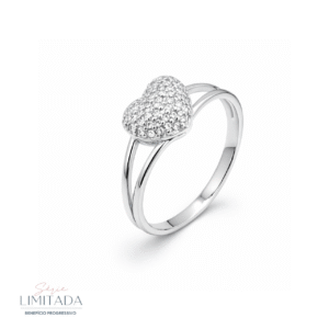 Anel Prata Coração Abaulado Cravejado Aro Duplo