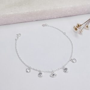 Pulseira Prata Coraçao Zirconia Olho Grego Cravejado
