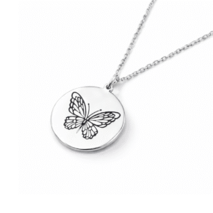 Colar Prata com Pingente Redondo Gravação Borboleta Laser